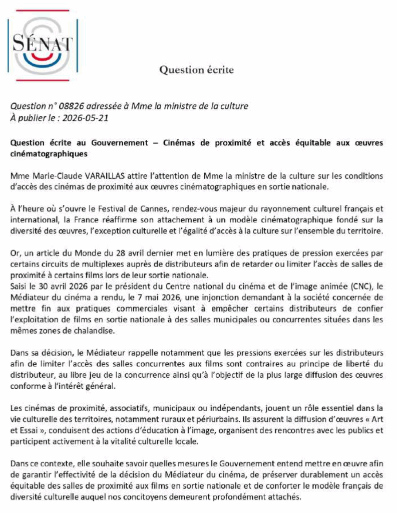 Question écrite au Gouvernement sur les cinémas de proximité et l'accès équitable aux oeuvres cinématographiques